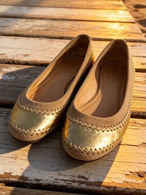 Jack Rogers Gold Leather and Taupe Suede Women's Ballet Flats size 8.5